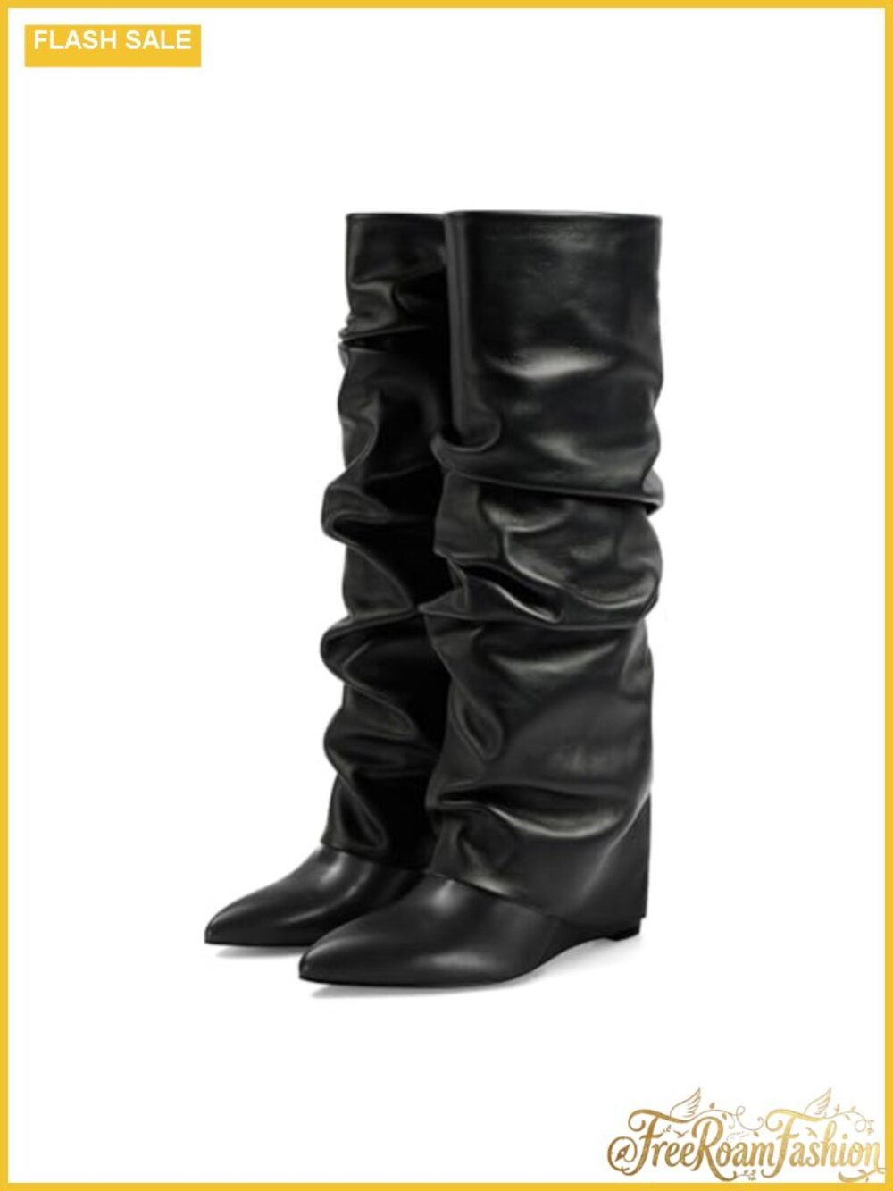 Fold Over Knee High Boots Wedge Heel Pull-On Pointed Toe Wide Calf Tall